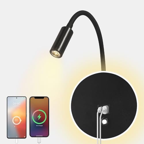 HUIZHOU Leselampe Wandmontage12W,Touch Control Wandlampe Dimmbar und USB Ladeanschluss,360° Drehbare Nachttischlampe Geeignet für Schlafzimmer, Treppen, Flure, Büros (schwarz)