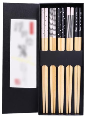 VAEIORP 5 Pares 22,5cm Blanco y Negro Patterned Bamboo Chopsticks Chopsticks Classic Style Reutilizable Antideslizante Palillos Restaurante Cocina Palillos Regalo Set