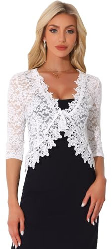 Allegra K Donna Coprispalle in Pizzo Elegante Cardigan con Maniche A 3/4 Trasparente Bolero per Festa di Halloween Bianca L