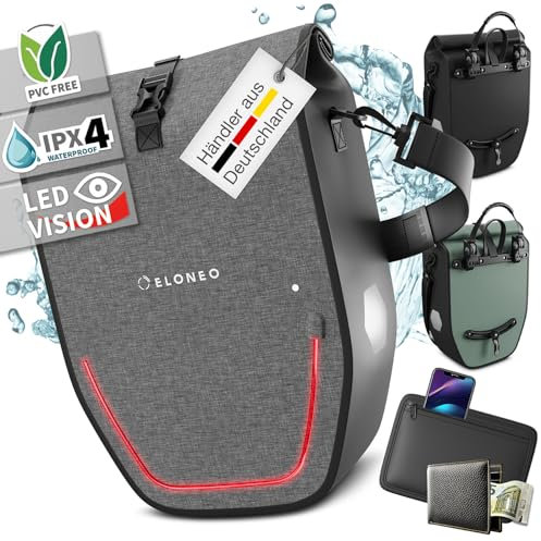 ELONEO Fahrradtasche für Gepäckträger mit LED Licht, 20L - 100% wasserdicht mit Tragegriff und Schultergurt, Fahrradtasche Gepäckträger, Fahrrad Gepäckträgertasche, grau