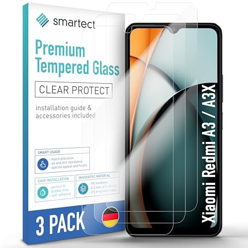 smartect Vetro Temperato [3 Pezzi, Clear] compatibile con Xiaomi Redmi A3 / A3X, Pellicola Protettiva HD Anti Graffio, Senza Bolle, Durezza 9H, 0.3mm Ultra Trasparente, Ultra Resistente