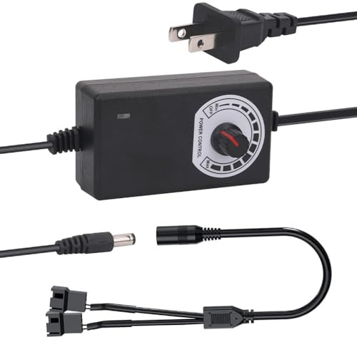 Multi-Functional 12V PC Fan Speed Controller,Fan Power Supply,100-240V AC to 3-12V DC 24W Adjustable PC Fan Power Adapter,with Fan Splitter Cable,DC Female to 2 x 3/4 Pin
