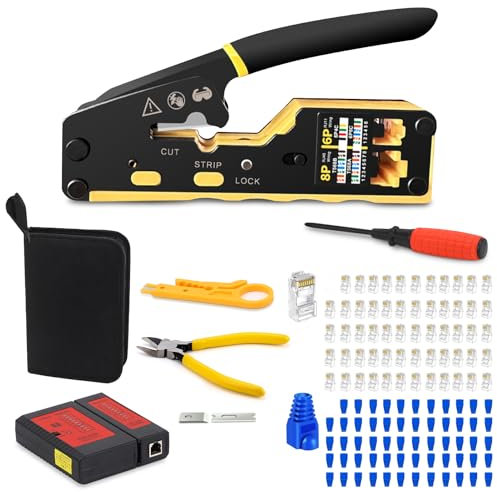 Pinza crimpatrice 9 in 1 RJ45, per cavi CAT5e/CAT6/RJ11/RJ12, cavi da 0,4 a 0,9 mm², 60 connettori - Strumento di rete professionale