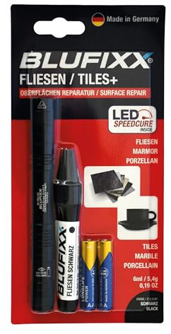 BLUFIXX-Pro Set Fliesen Schwarz - PRO-EDITION 2024 - Reparaturstift für Fliesen, Granit und Marmor, Repariert Bohrlöcher, Risse und abgeplatzte Kanten, Lichthärtendes Gel mit LED Licht