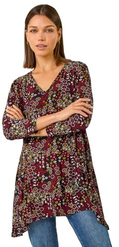 Roman Originals Swing Top with Pockets for Women UK Ladies Hanky Hem Asymmetric Tunic Blouse Longline Long Stretch Jersey Casual Round NeckTee Shirt T-Shirt - Red Brown - Size 12
