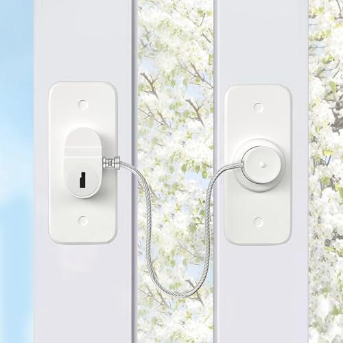 BECOMTO 2 Piezas Cerradura de Seguridad para Bebé,Cerradura de Seguridad de Ventana para Niños y Mascotas,Cerraduras para Puertas de Nevera con Llave,Restricción de Ventana con Cable de Bloqueo,Blanco