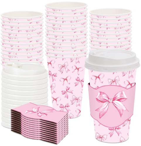 JarThenaAMCS 48 Set Pink Bow Disposable Coffee Cups with Lids and Sleeves Watercolor Bow Paper Drinking Cups For Valentine Birthday Wedding Party Supplies