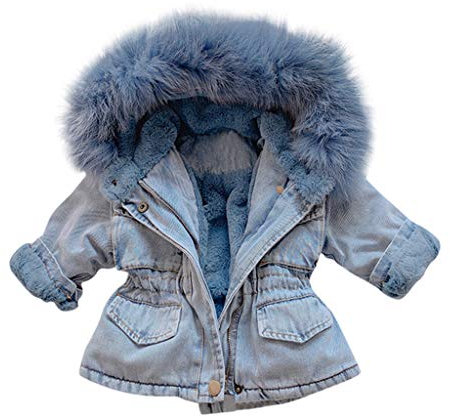 Toddler Girls Denim Winter Thicken Faux Fur Hooded Parka Jacket Sherpa Fleece Lined Denim Jacket Cowgirl Coat Girls Warm Windproof Coats Vintage Denim Jacket (Blue, 2-3 Years)