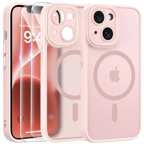 FLLAO Cover Magnetica per iPhone 14 Custodia e 2 Pellicole in Vetro Temperato, Cover iPhone 14 Compatibile con Magsafe, Traslucida Opaca Posteriore Sottile Antiurto Protettiva Case, Rosa