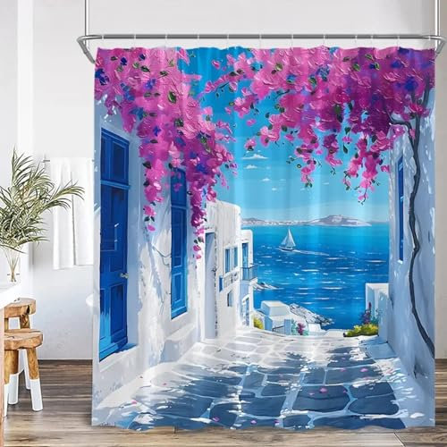 JGGXHM Rideaux de Douche Paysage Floral Bleu Blanc Architecture Paysage Océan Peinture Art Salle de Bain Rideau Décor Rideaux Ensemble 120x210cm/WxH