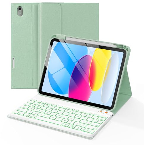 Senyoson Keyboard Case for iPad A16 11th/10th Generation, Green | 11/10.9 inch Case, 7 Colors Backlit, Detachable Magnetic Keyboard, 3 Adjustable Viewing Angles, Pencil Holder