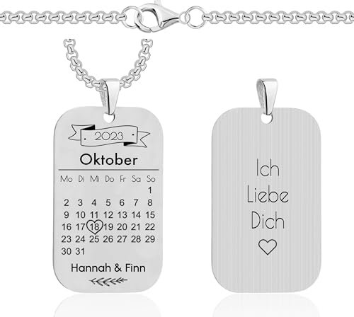 Lumari Gold Personalisierte Dog Tag Halskette 60cm mit Jubiläumsdatum Gravur – Silber Edelstahl Anhänger, Geschenk für Männer & Frauen, Partner, Papa, Freunde
