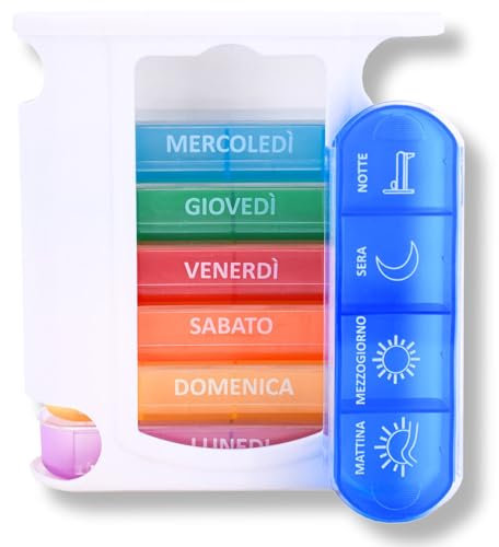 MEDIPILL - Torre Dose Pillole Settimanale Italiana | Organizzazione Settimanale dei Medicinali | 7 giorni | 4 Momenti di Assunzione al Giorno | 28 Scomparti | Un pezzo | Arcobaleno | MED-S28T-A-I