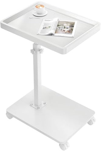 johgee Beistelltisch Holz mit Rollen, Höhenverstellbar (49-82cm), Beistelltisch C Form, Horizontal 360° drehbare Tischplatte, 40 x 30 cm, Beistelltische fürs Wohnzimmer, Sofas, Hölzernes, Weißer