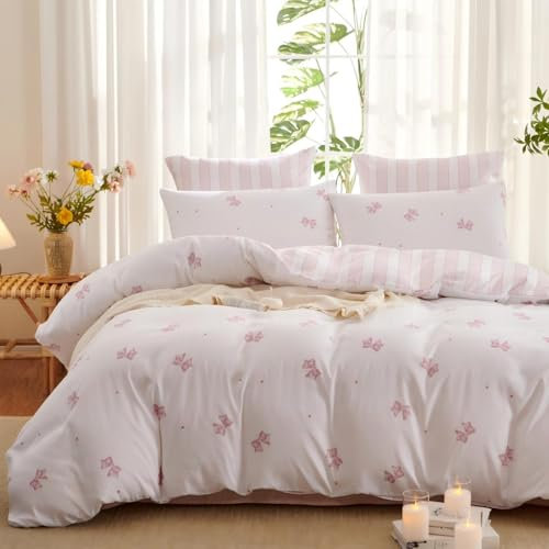 Tospass Housse de Couette 200x200cm Blanc Rose Rayures Noeud Papillon Parure de Lit 2 Personne Ado Adultes avec Fermeture Éclair Housse Couette en Microfibre avec 2 Taie d'oreiller 65x65cm