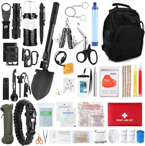 Survival Kit mit Erste Hilfe Set, 180 PCS Survival Ausrüstung mit Wasserfilter Stroh, Campinglampe, Multifunktionszang, Messer für Männer Campin,Klappzange, Reiseabenteuer, Wandern