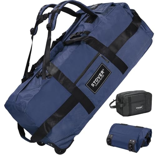 STOVER 80L Rolling Duffel Bag with Wheels, Large Durable Travel Duffle + Toiletry Bag, Heavy Duty, Packable, Foldable with Shoulder Straps- Use as Luggage or Backpack, Men/Women (Navy Blue)