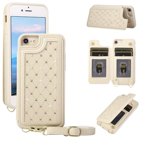 Jcxtrombulous for iPhone 7/8/SE 2022/SE 2020 Wallet Case Crossbody Purse with Card Holder Slots and Kickstand, RFID Blocking Magnetic Flip Folio Cover, Protection Case with Lanyard,Beige Diamond