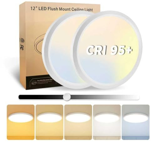 EOSMILE 2 Stück 30,5 cm LED-Deckenleuchte, bündig montiert, 25 W, 3000 lm, CRI 95+, 2700 K-5000 K, 5 CCT & dimmbar, weiße runde Oberfläche, flache Panelleuchte für Flur, Küche, Schlafzimmer