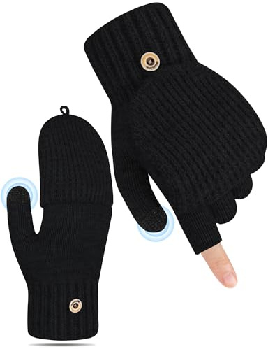 Kiiwah Mitaines Femme Hiver Chaude, Gants sans Doigts avec Couvercle Rabattable, Tricotées Gants et Moufles Femme, Mitaines Homme pour Ski Vélo Conduite Sport Outdoor