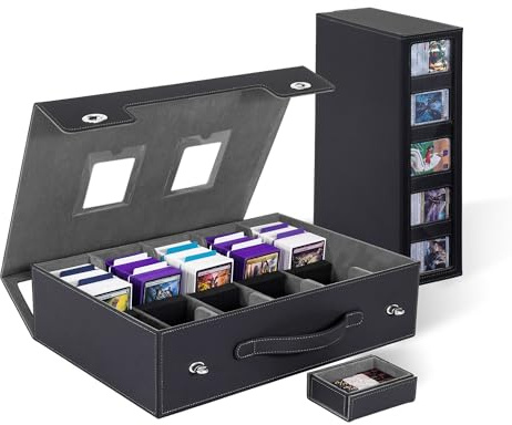 VAULTIS Trading Card Storage Box 3900+ with Portable Handle & Alloy Lock, 5-Row MTG Deck Box with Removable Dice Tray, Commander Display Card Case for Toploader TCG PTCG Sports Cards (Black&Grey)