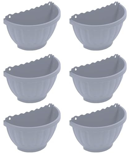 TRG (Set Of 6) - 3.75 Litre Soft Grey Half Round Wall Planter – 30.5cm Decorative Plastic Flower Pot for Garden, Balcony, Fence or Railing – Indoor Outdoor Space Saving Planter 30.5 x 14.5 x 20cm
