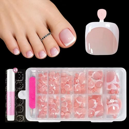 Falsche Fußnägel Tips, Press on Nails for Toes 240 Stück Französisch Natürliche Künstlich Fußnägel zum Aufkleben, Full Cover Toe Nails Tips für Frauen, 12 Größen, Nude Rosa Falsche Fußnägel Kit