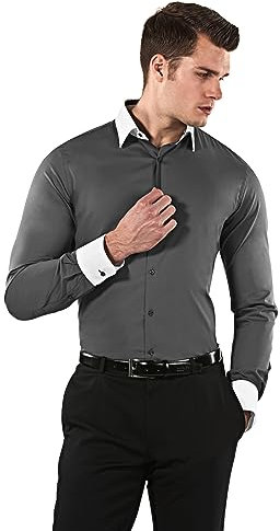 Vincenzo Boretti Herren Hemd Body-fit (besonders Slim-fit tailliert) Uni bügelleicht dunkelgrau/weiß 39-40
