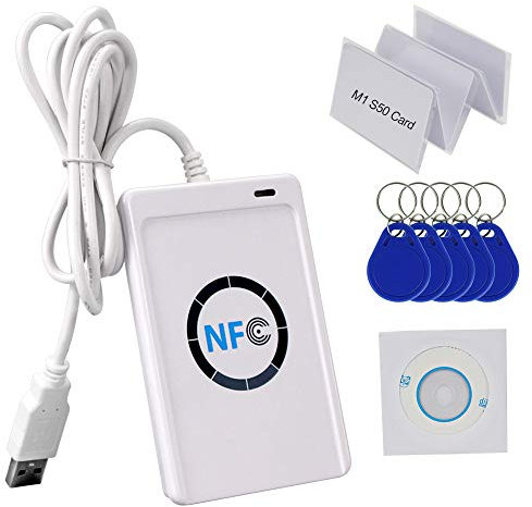 HFeng - Lettore di schede NFC per scrivere/copiare, per programmatori, RFID 13,56 MHz, USB, con software SDK gratuito + 5 schede S50 MF + 5 chiavi elettroniche UID scrivibili ACR122U