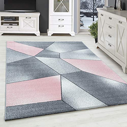 SIMPEX Tapis à Poils Courts Motif géométrique Gris/Rose/Blanc, Rose Bonbon, 160 x 230 cm