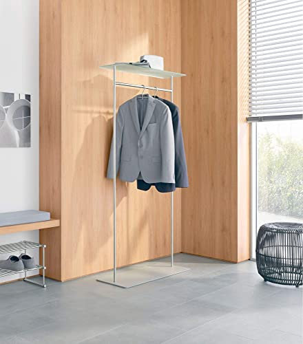 Standgarderobe mit Kleiderstange aus massivem Edelstahl, inkl. satinierter Glasablage, Garderobenständer mit Hutablage, frei stehend, platzsparend - PHOS Design