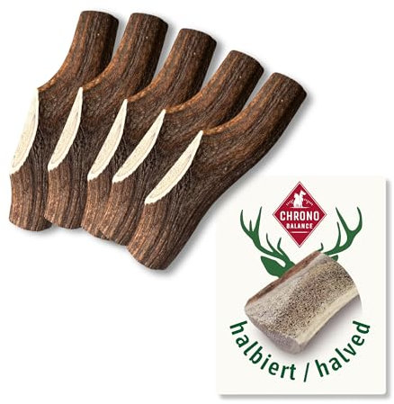 ChronoBalance® L - Hirschgeweih für Hunde – 5er Set Halbierte Kauspielzeuge, 100% Natürliches Kauknochen Hundespielzeug zur Zahnpflege, Nachhaltige Hunde Kauartikel ohne Chemie