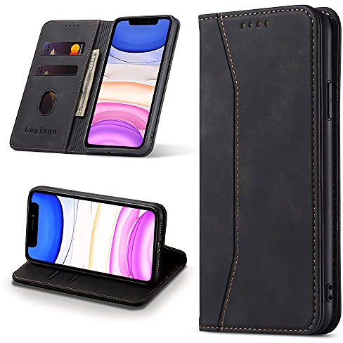 Leaisan Handyhülle für iPhone 11 Hülle Premium Leder Flip Klappbare Stoßfeste Magnetische [Standfunktion] [Kartenfächern] Schutzhülle für iPhone 11 Tasche - Schwarz