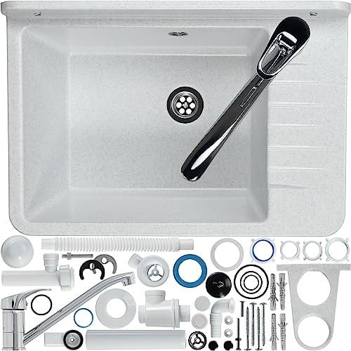GOSPO Ausgussbecken aus Polypropylen, 50,4 x 34 x 26,5 cm, Spülbecken mit Siphon und Montageset, Waschbecken, Waschtrog, Haushaltsspülbecken (Weiß)
