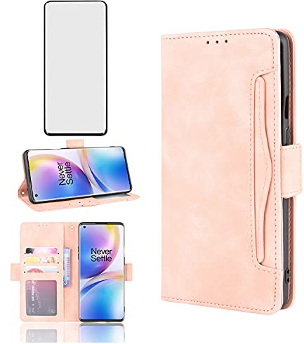 Asuwish Handyhülle für OnePlus 8 Hülle mit Glas Folie Schutzfolie Kartenfach Klappbar Leder Geldbörse Ständer Handyhüllen Panzerfolie OnePlus8 8hülle Handy Hüllen Schutzhülle Cover Phone Case Roségold