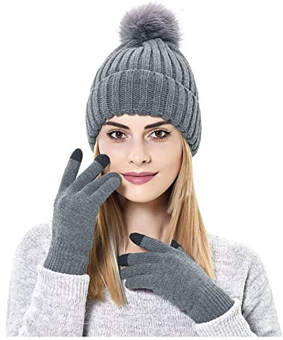 Wintermütze und Handschuhe Touchscreen Set Damen Wolle Strickmütze Winter Warme Mütze und Handschuhe Winddicht Kälteschutz Bommelmütze Ski Radfahren Outdoor-Aktivität