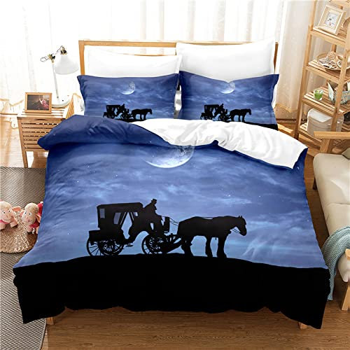 HAISHO Bettwäsche 220x240 Blaue Kutsche Mond, Mikrofaser Bettwäsche Sets, Weicher Bettbezug mit Reißverschluss, 1 Bettbezüge + 2 Kissenbezug 80x80 cm für Jugendliche Erwachsene