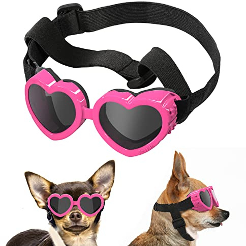 Lewondr Small Dog Sunglasses UV Protection Goggles Eye Wear Protection with Adjustable Strap Doggy Heart Shape Anti-Fog Sunglasses for Pet Dogs Sun Glasses Doggie Windproof Glasses, Pink