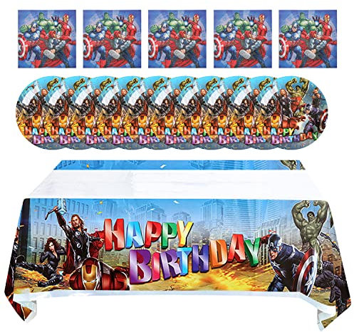 Qemsele Partygeschirr Kindergeburtstag Set für Kinder, 1 Tischdecke + 20 Hochwertige Pappteller und 20 Servietten Party Set Partydekoration für den Kindergeburstag Thema Karneval (Avengers)