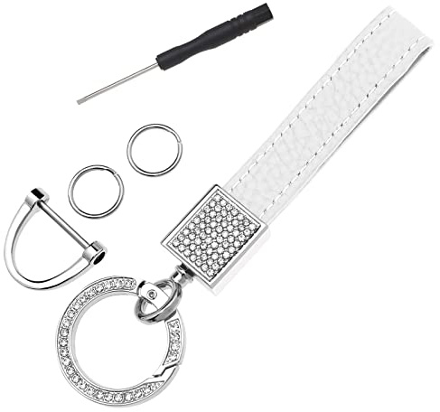OTOTEC Auto Schlüsselanhänger Leder Strass Glitzer Universal Schlüsselanhänger mit Schlüsselanhänger und Schraubendreher Autozubehör für Frauen, Weiß, 11.3cm