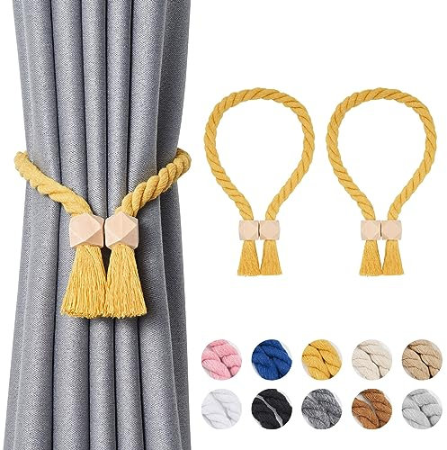 Pretty Jolly Polyeder magnetische Vorhang-Raffhalter aus Holz, Boho-Dekoration, Raffhalter, natürliche Baumwolle, handgewebt, für Fenstervorhänge für Zuhause und Büro, Gelb, 2 Stück