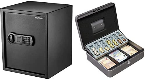 Amazon Basics Coffre-fort pour domicile, 43 l & ARREGUI Cashier C9246-EUR Caisse à monnaie et billets à clé pour ranger et transporter l'argent | Coffre fort portatif 30 cm|Gris graphite