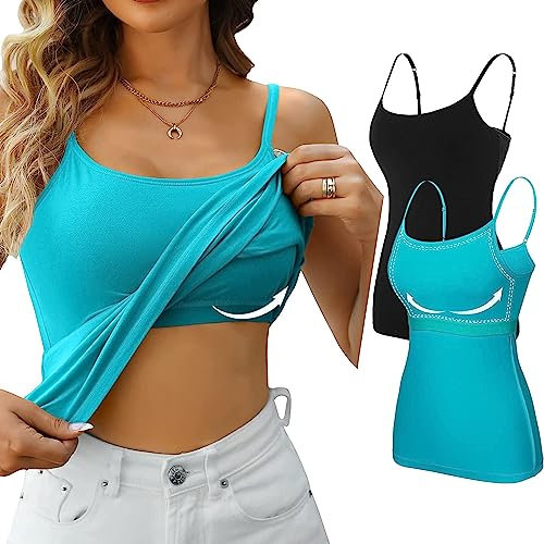 Attraco Damen Unterhemden mit Regal-BH Longshirt Basic Damen Top Baumwolle Bauchweg Tops Cami Camisole Tank Top für Frauen Grün/Schwarz XL