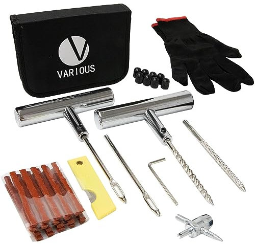 Kit Repara Pinchazos De Neumáticos Kit de Reparación de Neumáticos Desinflados 37 Piezas Sin Cámara para Moto, Coche, Bicicletas, con Tapones de válvula para neumáticos