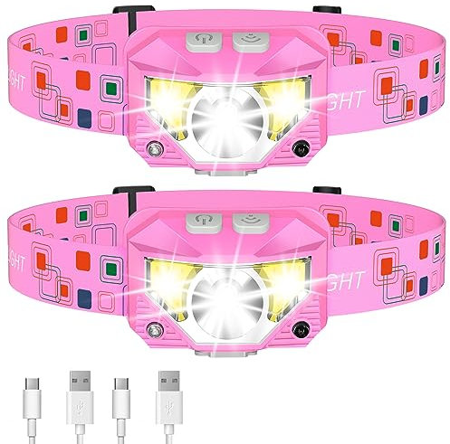LHKNL Headlamp Flashlight, High Lumen Bright LED Rechargeable Headlight with White Red Light, 2-Pack Waterproof Motion Sensor Head Lamp, 8 Mode for Camping Running Hiking Fishing Gear- Pink