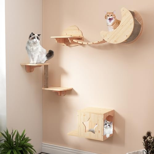 PUPETPO Cat Wall Shelves 7PCS Set for DIY Solid Wood Cat Star Houses & Condos Cat Perches Cat Scratching Post Cat Bridge for Kitty & Kitten Modern Cat Tree