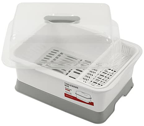 Mokernali Escurridor de Platos con Tapa, Caja de Secado de Platos de Plástico, Escurreplatos de Plastico con Bandeja, 34.9×44.4×27.5cm, Alta Capacidad de Carga, para Hogar, Cocina, Los Viajes (L)