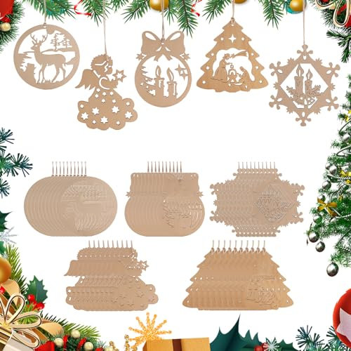 Kewmayer 50 Stück Weihnachten Holzanhänger, Weihnachtsschmuck zum Aufhängen aus Holzschnitzerei, Holz Christbaumschmuck, Weihnachtsanhänger, Weihnachten Deko Anhänger, für Türen, Fenstern