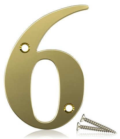 Bwintech 1 Piece 75 mm Height (3 Inch) PVD Gold Bolted Door Number 6 Stainless Steel 304 House Number, Suitable for Front, Wood, Composite, UPVC Door