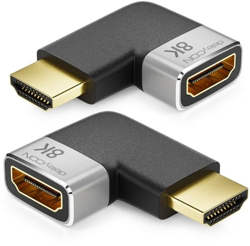 deleyCON 2 Pezzi Connettori di Accoppiamento Adattatore HDMI 8K@60Hz / 4K@120Hz UHD Alluminio HDMI 2.1 ARC HDR10+ Dolby Vision VRR ALLM 48Gbps Angolato Destra/Sinistra Grigio Nero